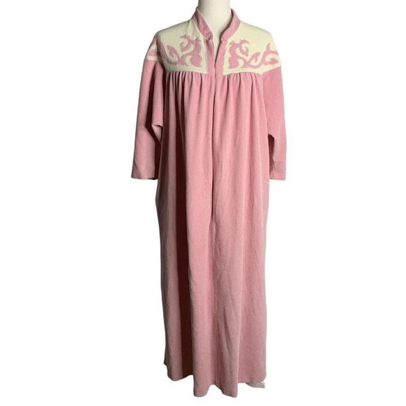 Vintage Vanity Fair Fleece Half Zip Robe L Pink Long Sleeve Applique Pockets - Picture 2 of 7